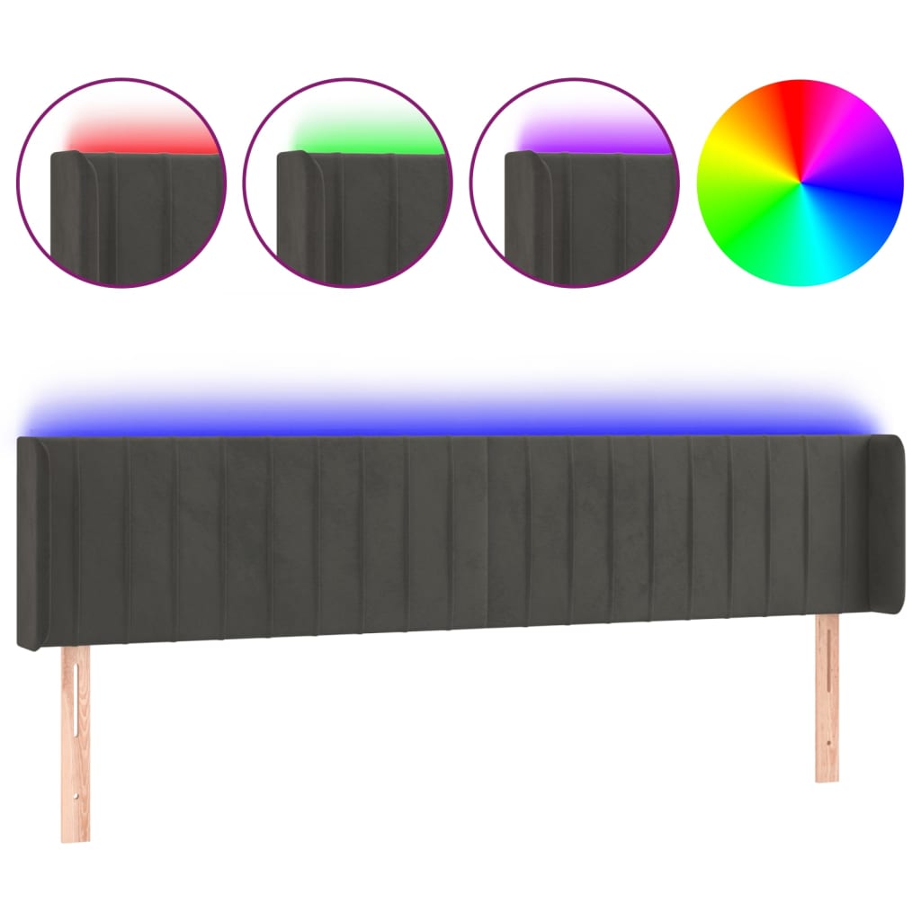 vidaXL LED горна табла за легло, тъмносива, 183x16x78/88 см, кадифе