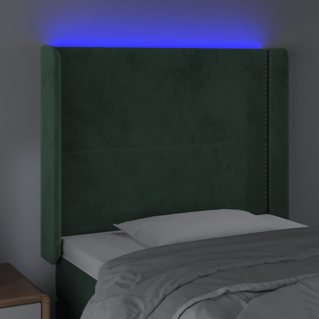 vidaXL LED горна табла за легло, тъмнозелена, 103x16x118/128см, кадифе