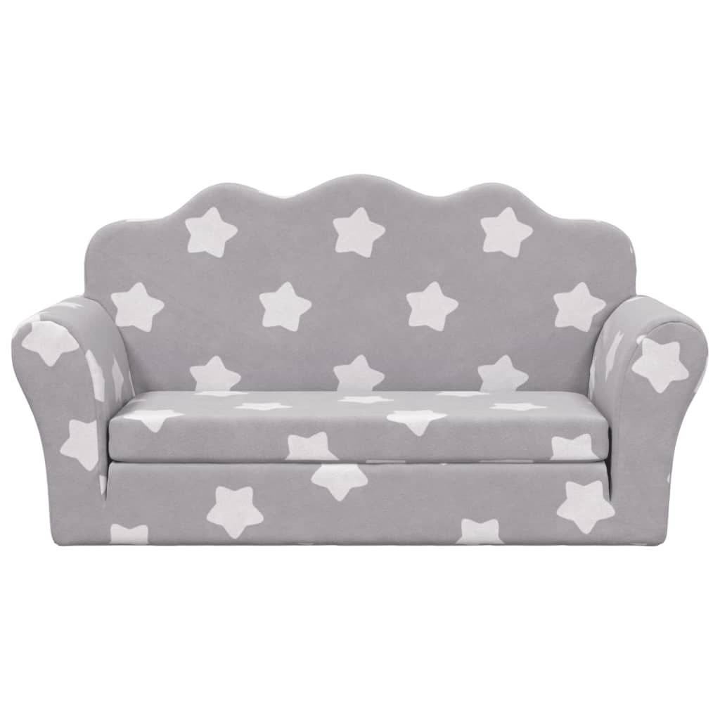 vidaXL Детско диванче-легло 2-местно светлосиво на звездички мек плюш