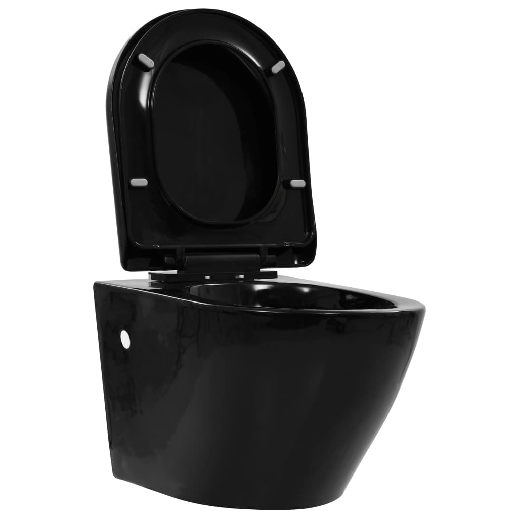 vidaXL Окачена тоалетна чиния без ръб, керамична, черна
