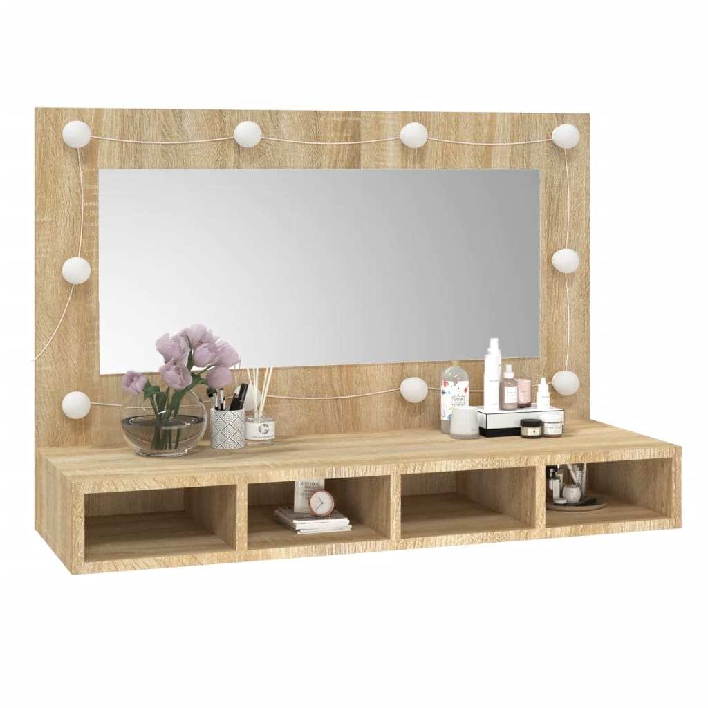 vidaXL Огледален шкаф с LED, сонома дъб, 90x31,5x62 см