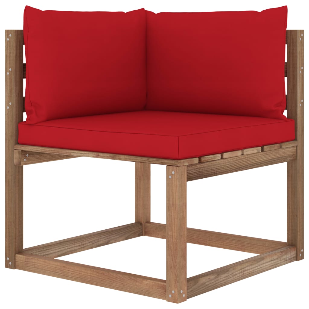 vidaXL Градински палетен ъглов диван с червени възглавници