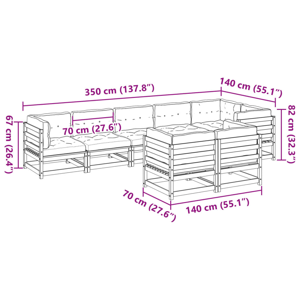 vidaXL Градински комплект диван с възглавници, 8 части, бор масив