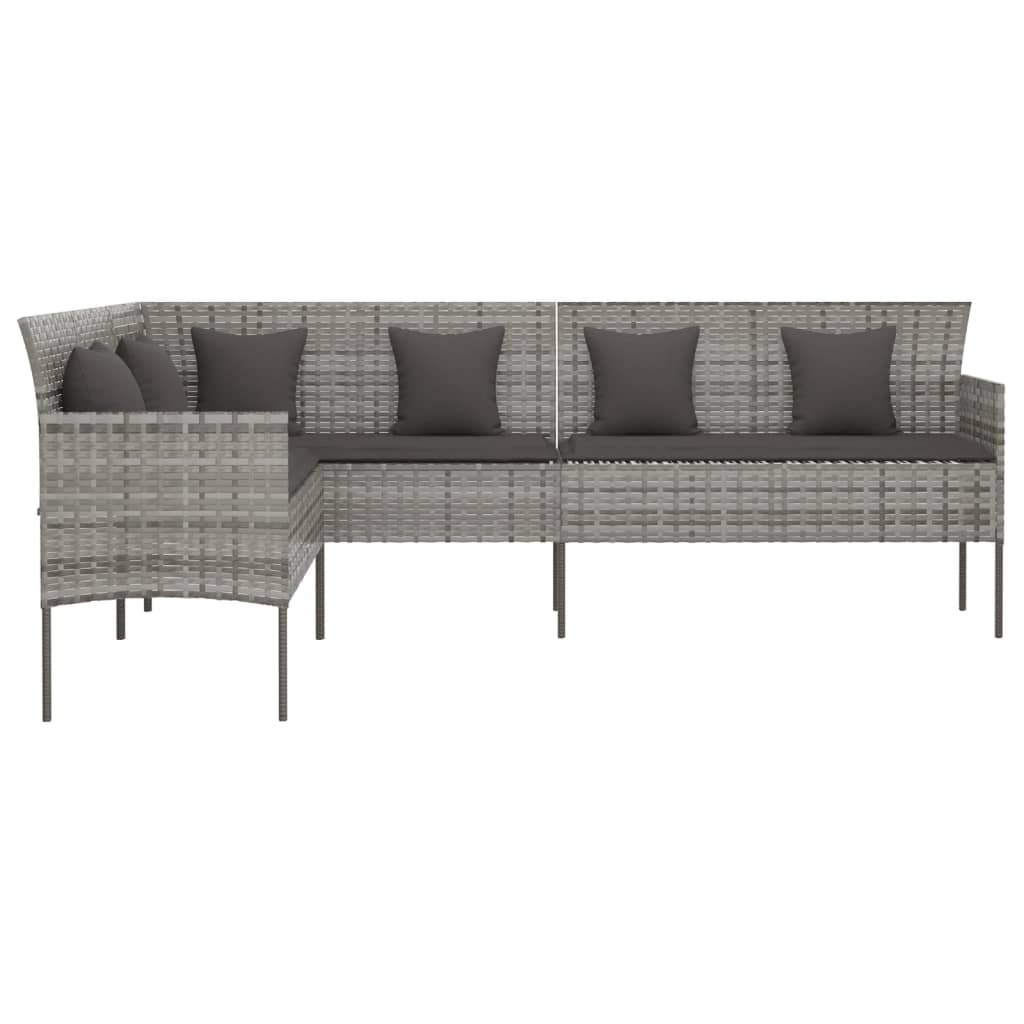vidaXL Г-образен градински диван с възглавници, сив полиратан