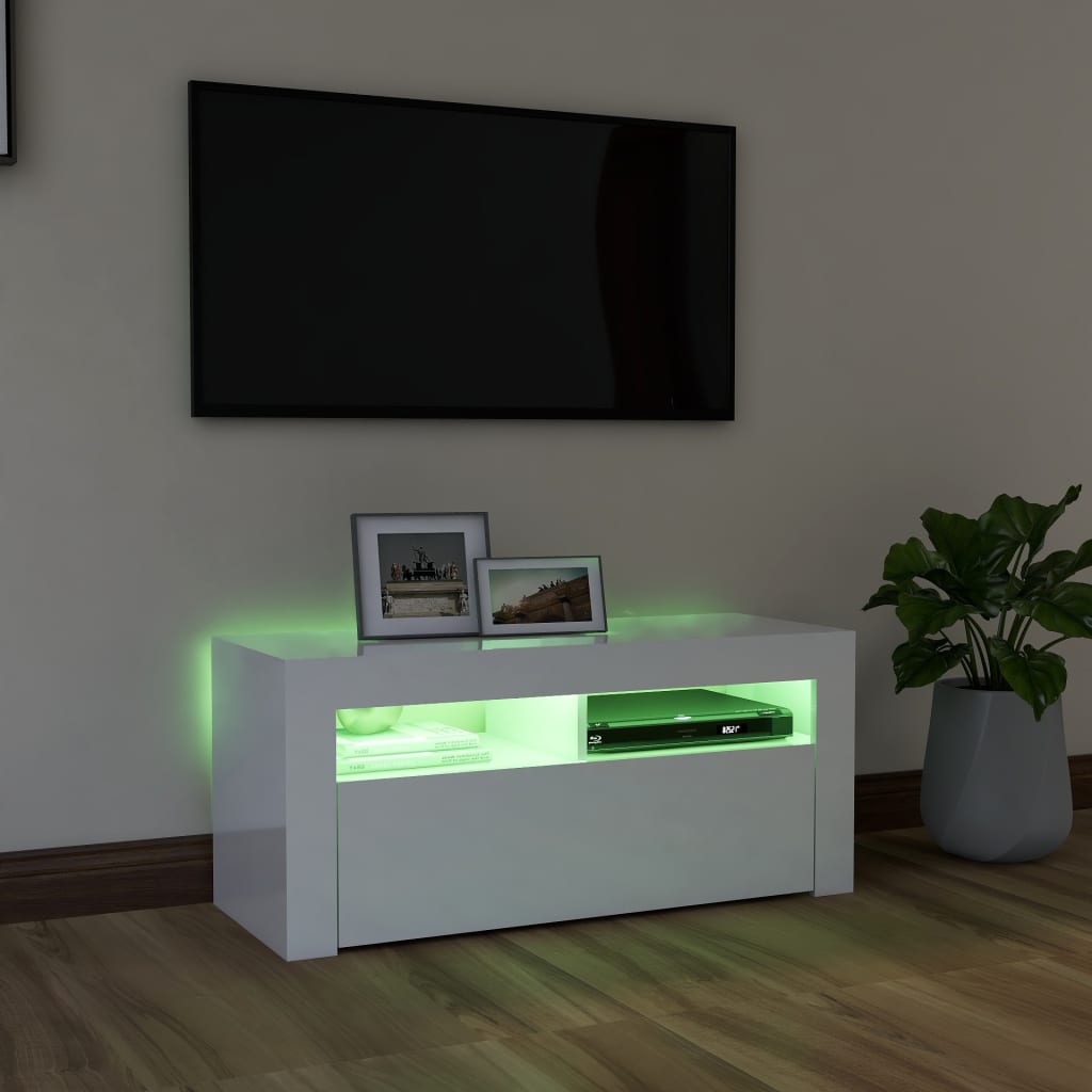 vidaXL ТВ шкаф с LED осветление, бял гланц, 90x35x40 см