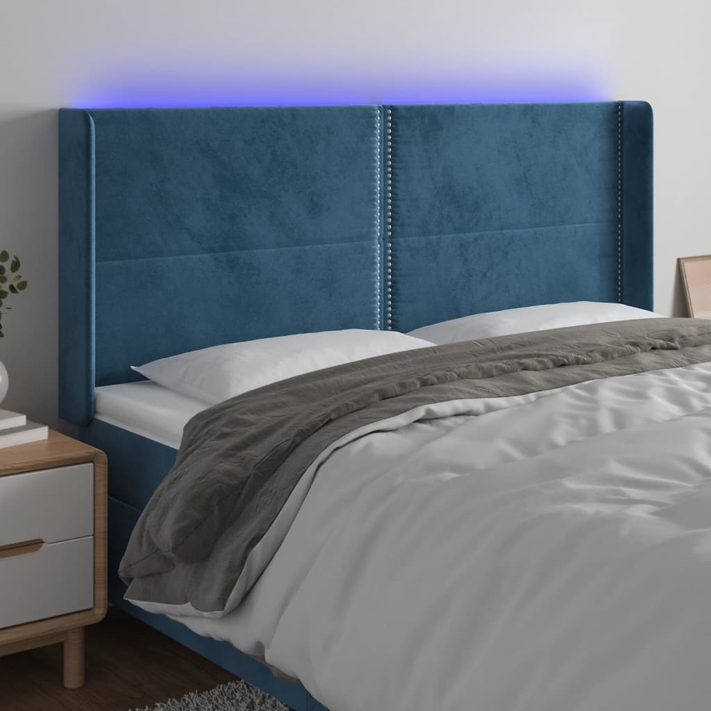 vidaXL LED горна табла за легло, тъмносиня, 183x16x118/128 см, кадифе