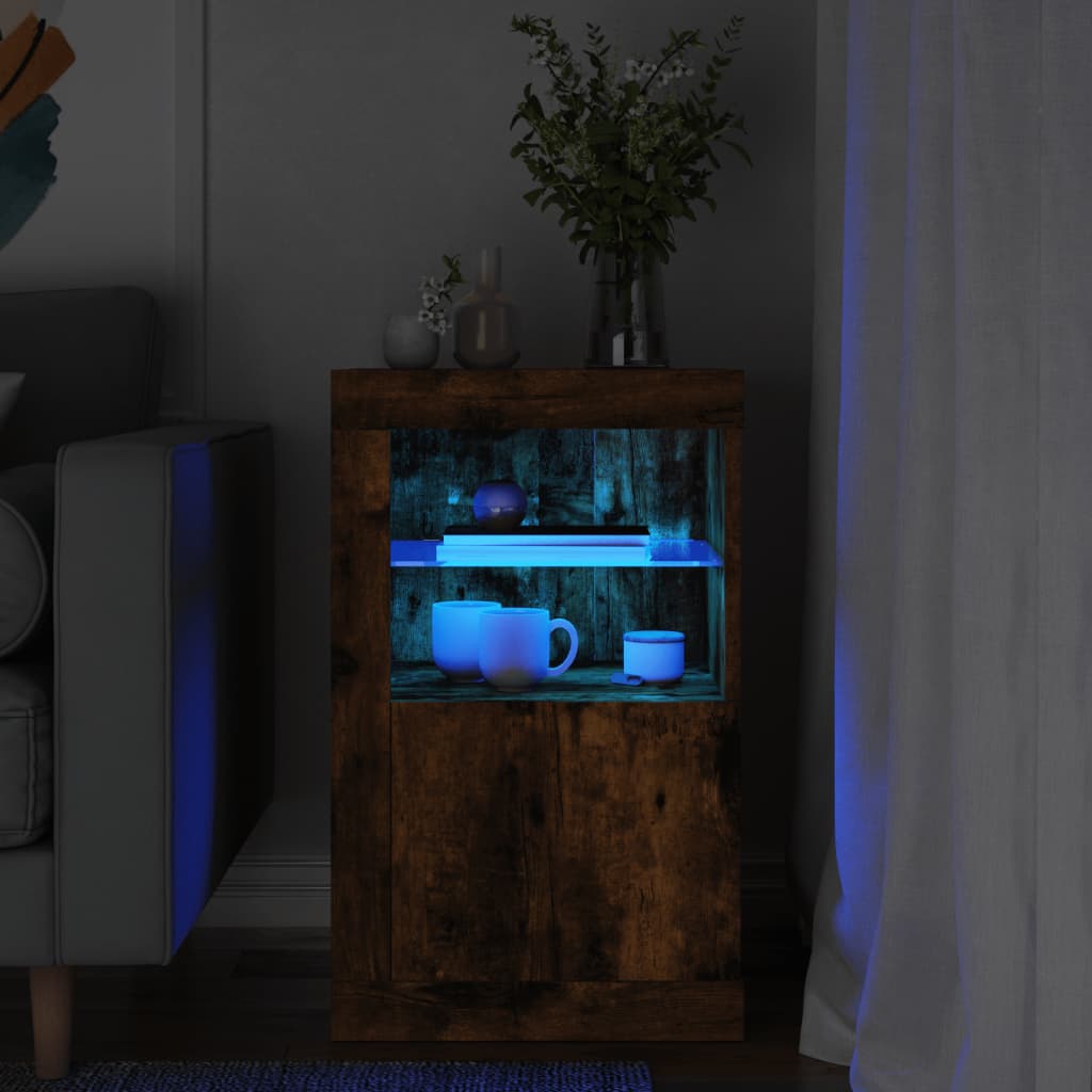 vidaXL Страничен шкаф с LED осветление, опушен дъб, инженерно дърво