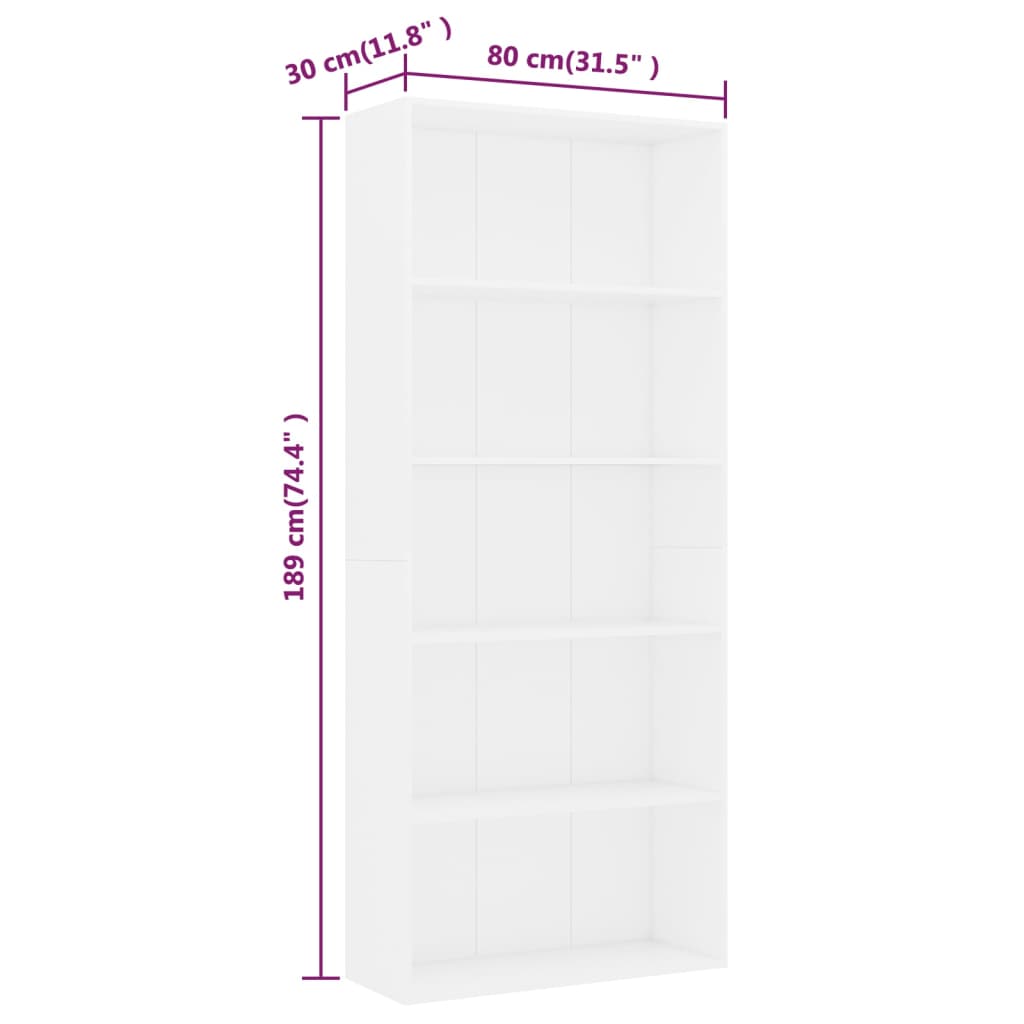 vidaXL 5-етажна библиотека, бяла, 80x30x189 см, ПДЧ