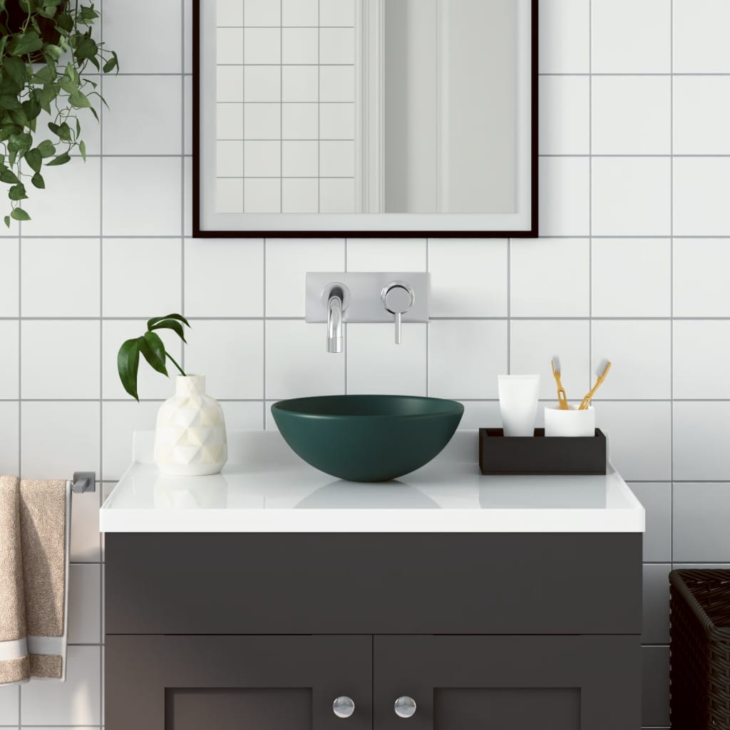 vidaXL Керамична мивка за баня, тъмнозелена, кръгла
