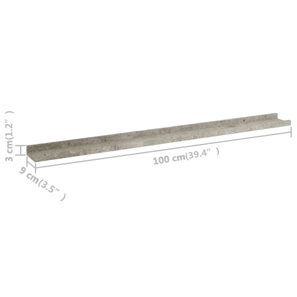 vidaXL Стенни рафтове, 2 бр, бетонно сиви, 100x9x3 см