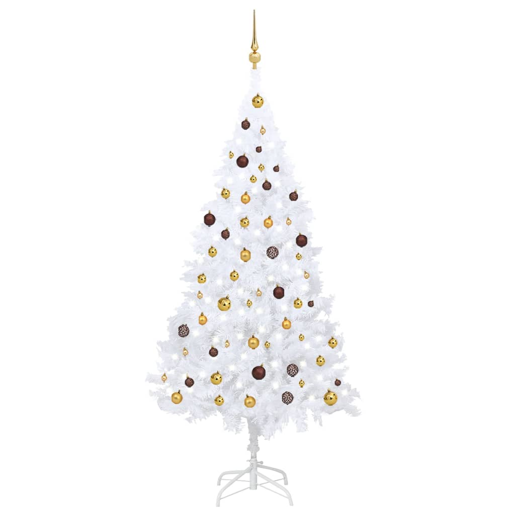 vidaXL Изкуствена осветена коледна елха с топки бяла 210 см PVC