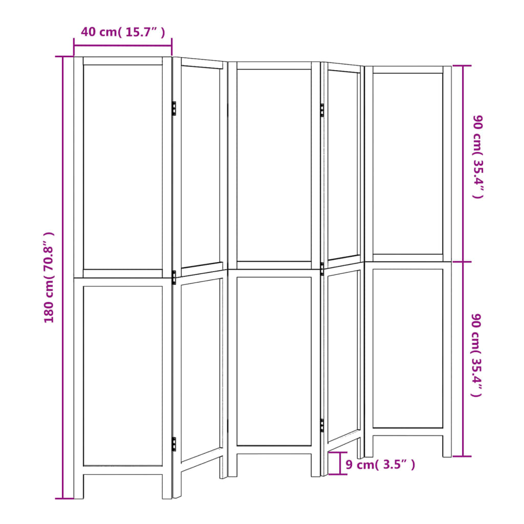 vidaXL Разделител за стая, 5 панела, бял, дърво пауловния масив