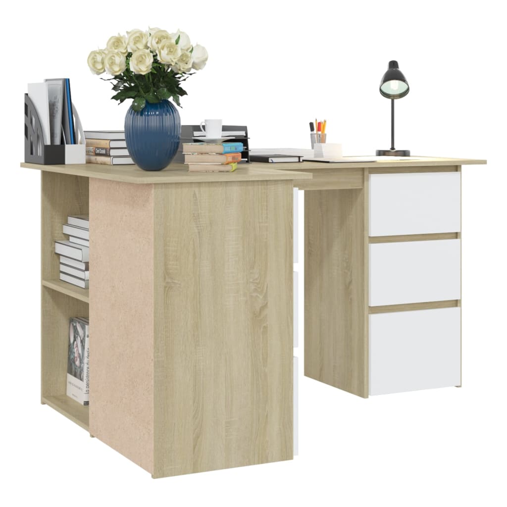 vidaXL Ъглово бюро, бяло и дъб сонома, 145x100x76 см, ПДЧ