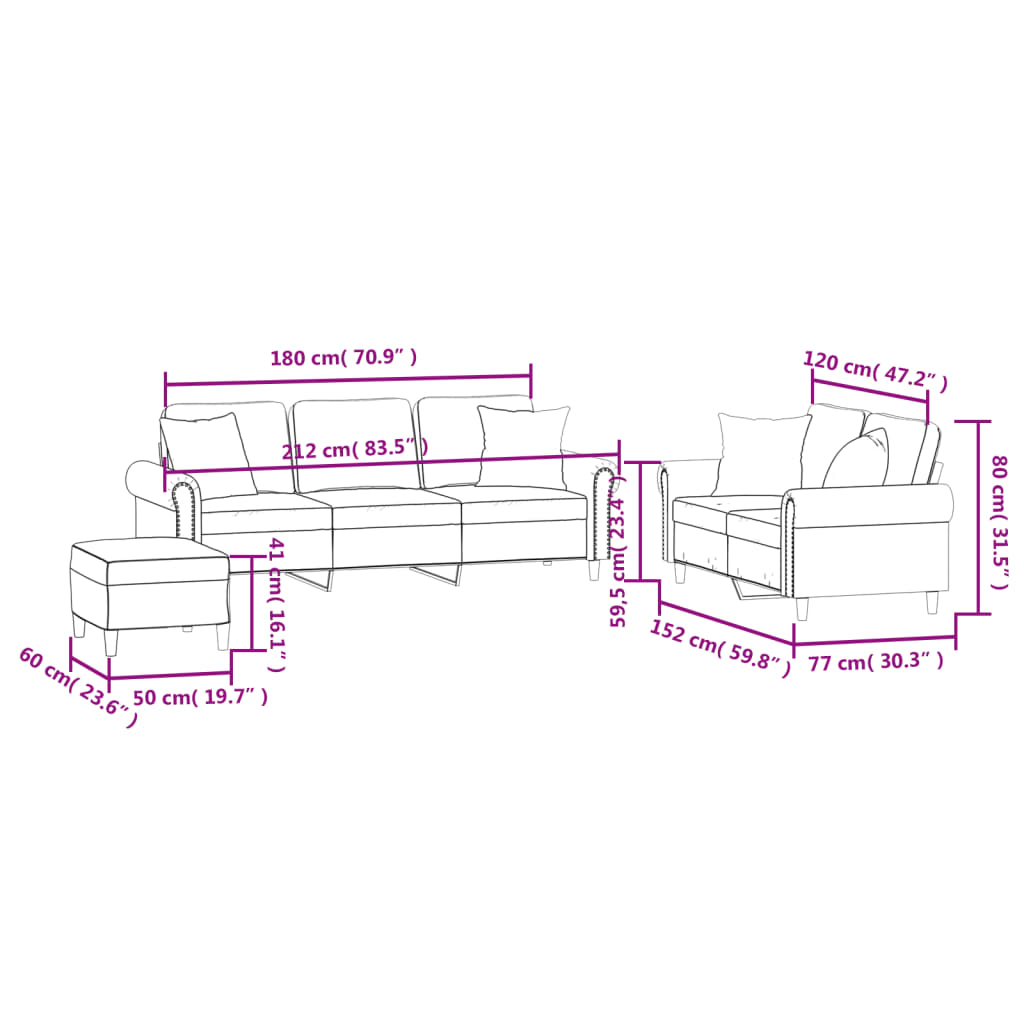 vidaXL Комплект дивани 3 части с възглавници тъмносиво кадифе