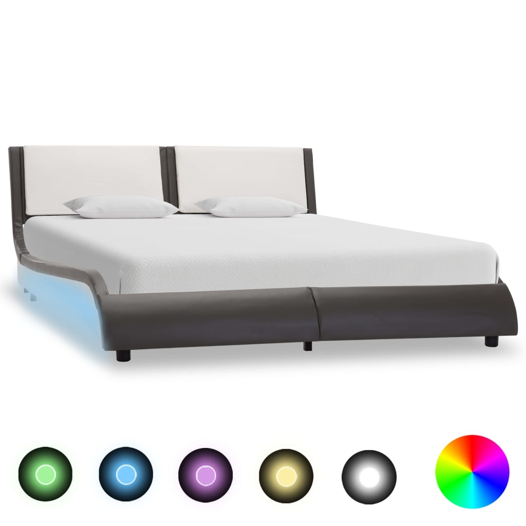 vidaXL Рамка за легло с LED, сиво и бяло, изкуствена кожа, 120x200 cм