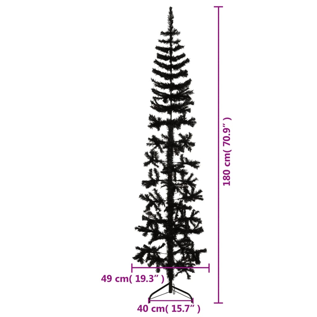 vidaXL Тънка изкуствена половин коледна елха със стойка черна 180 см