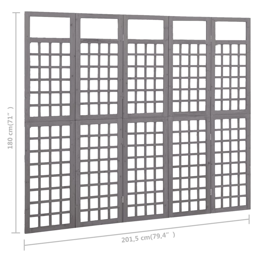 vidaXL Параван за стая, 5 панела, сив, масивна ела, 201,5x180 см