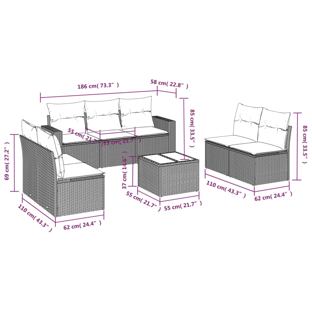 vidaXL Градински диван с възглавници, 8 части, бежов полиратан