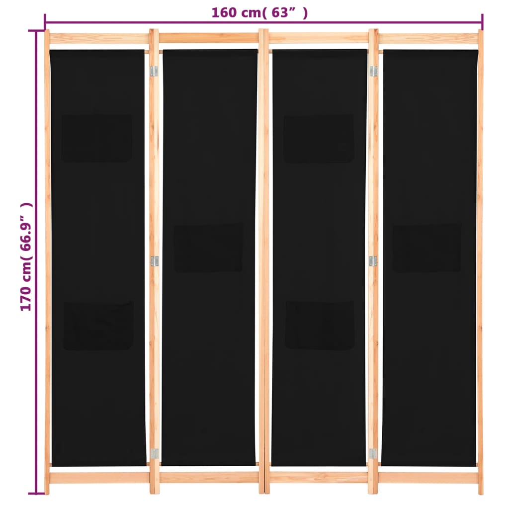 vidaXL Параван за стая, 4 панела, черен, 160x170x4 cм, текстил