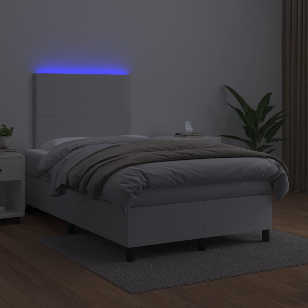 vidaXL Боксспринг легло с матрак и LED бяло 120x190 см изкуствена кожа