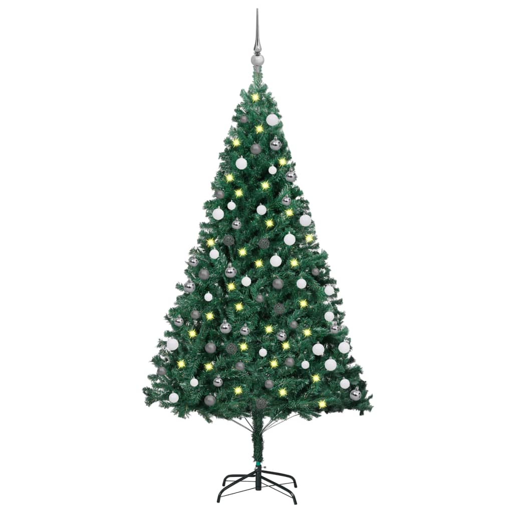 vidaXL Изкуствена коледна елха с LED и топки, зелена, 120 см, PVC