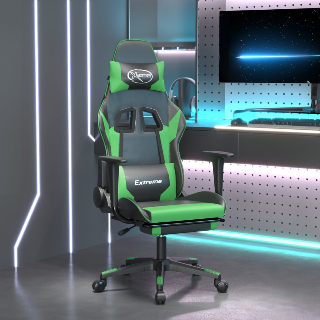 vidaXL Гейминг стол с опора за крака, черно и зелено, изкуствена кожа