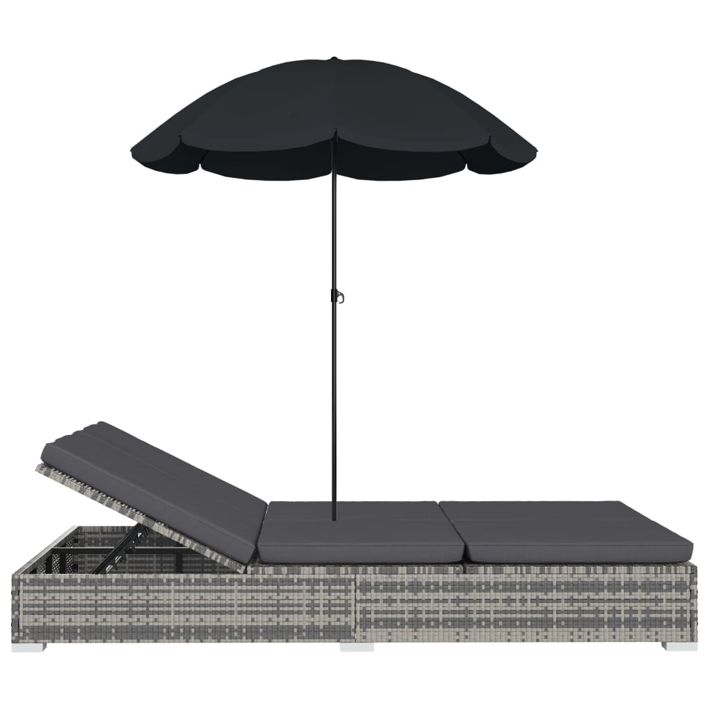 vidaXL Градинско лаундж легло с чадър, полиратан, сиво