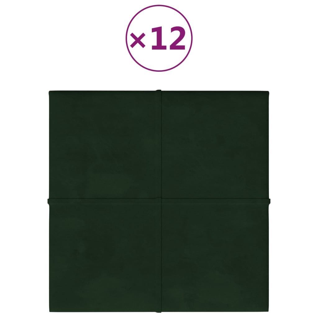 vidaXL Стенни панели, 12 бр, тъмнозелени, 30x30 см, кадифе, 1,08 м²