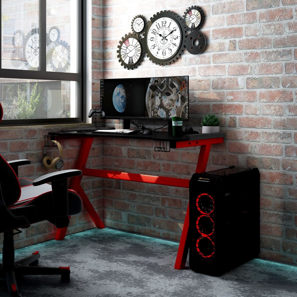 vidaXL Гейминг бюро LED с Y-образна форма черно и червено 110x60x75 см