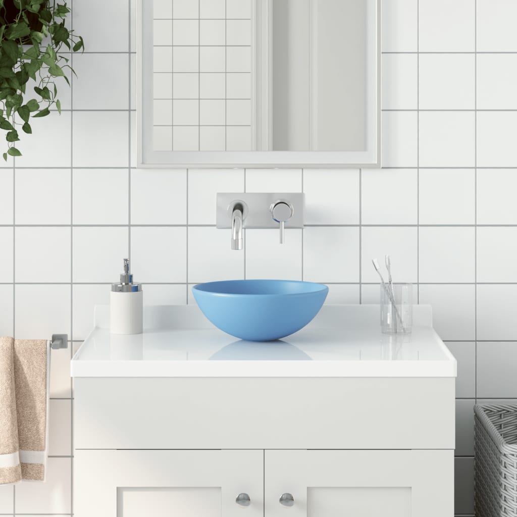 vidaXL Керамична мивка за баня, светлосиня, кръгла