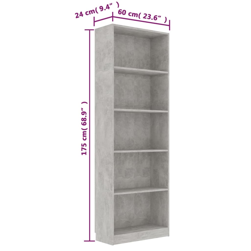 vidaXL 5-етажна библиотека, бетонно сива, 60x24x175 см, ПДЧ