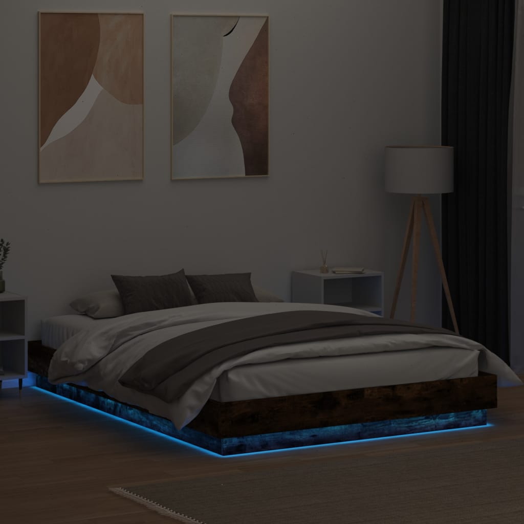 vidaXL Рамка за легло с LED осветление, опушен дъб, 140x200 см