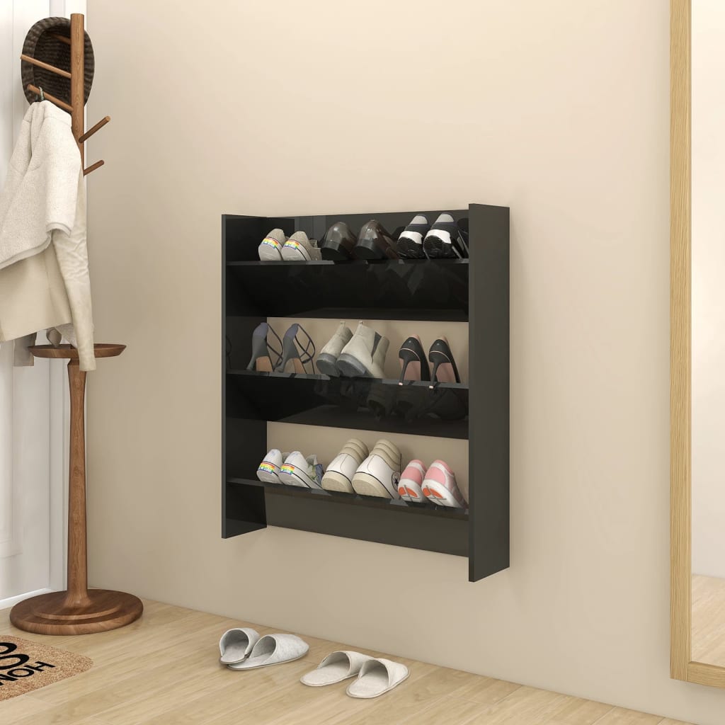 vidaXL Стенeн шкаф за обувки, черен гланц, 80x18x90 см, ПДЧ