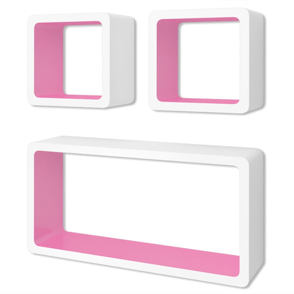 Стенни рафтове за съхранение на книги / DVD, МДФ, 3 бр, бяло/розово