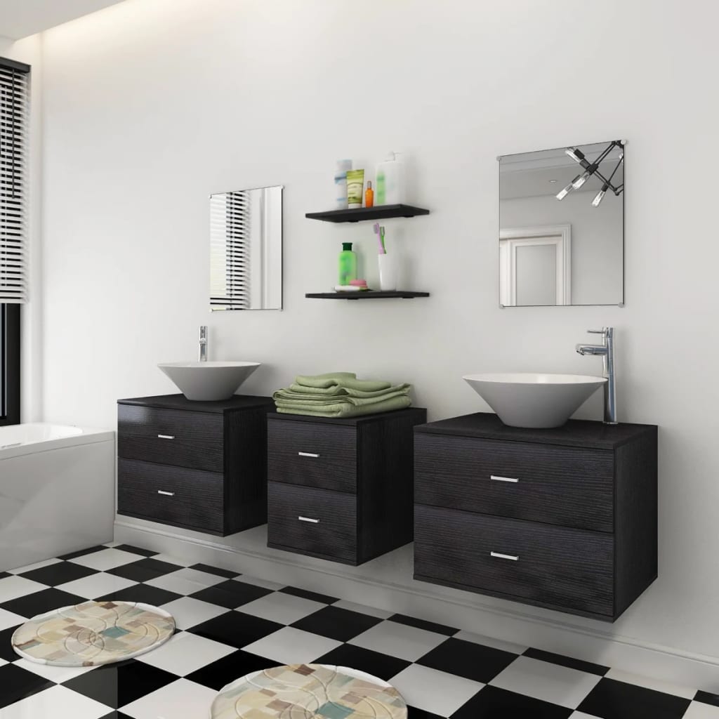 vidaXL Комплект мебели за баня от девет части с мивка и смесител черен