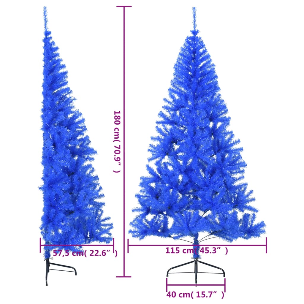 vidaXL Изкуствена половин коледна елха със стойка, синя, 180 см, PVC