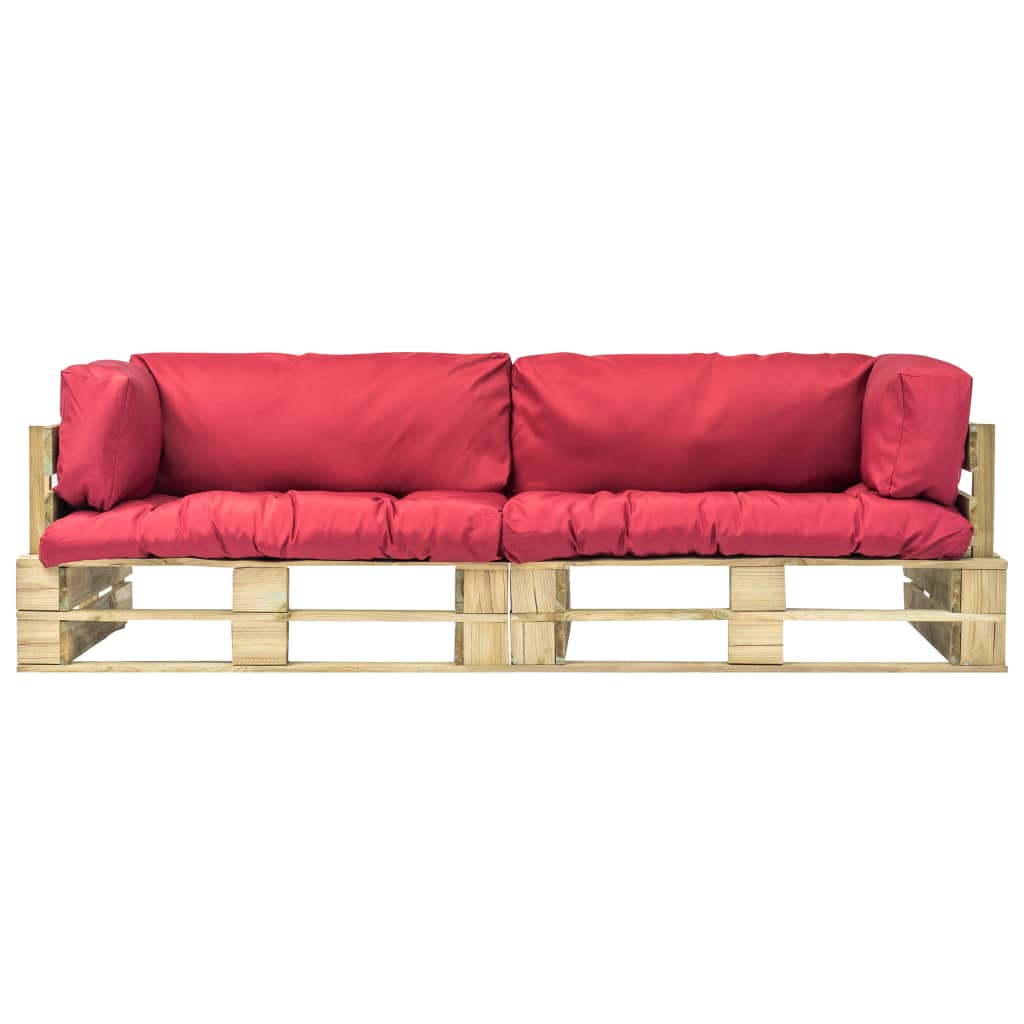 vidaXL Градински диван от 2 части с червени възглавници бор