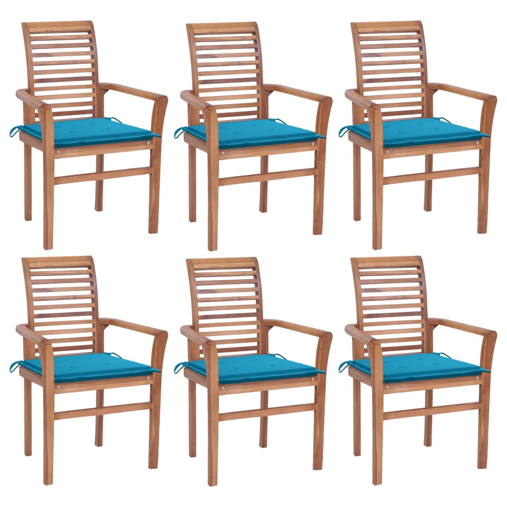 vidaXL Трапезни столове 6 бр със сини възглавници тиково дърво масив