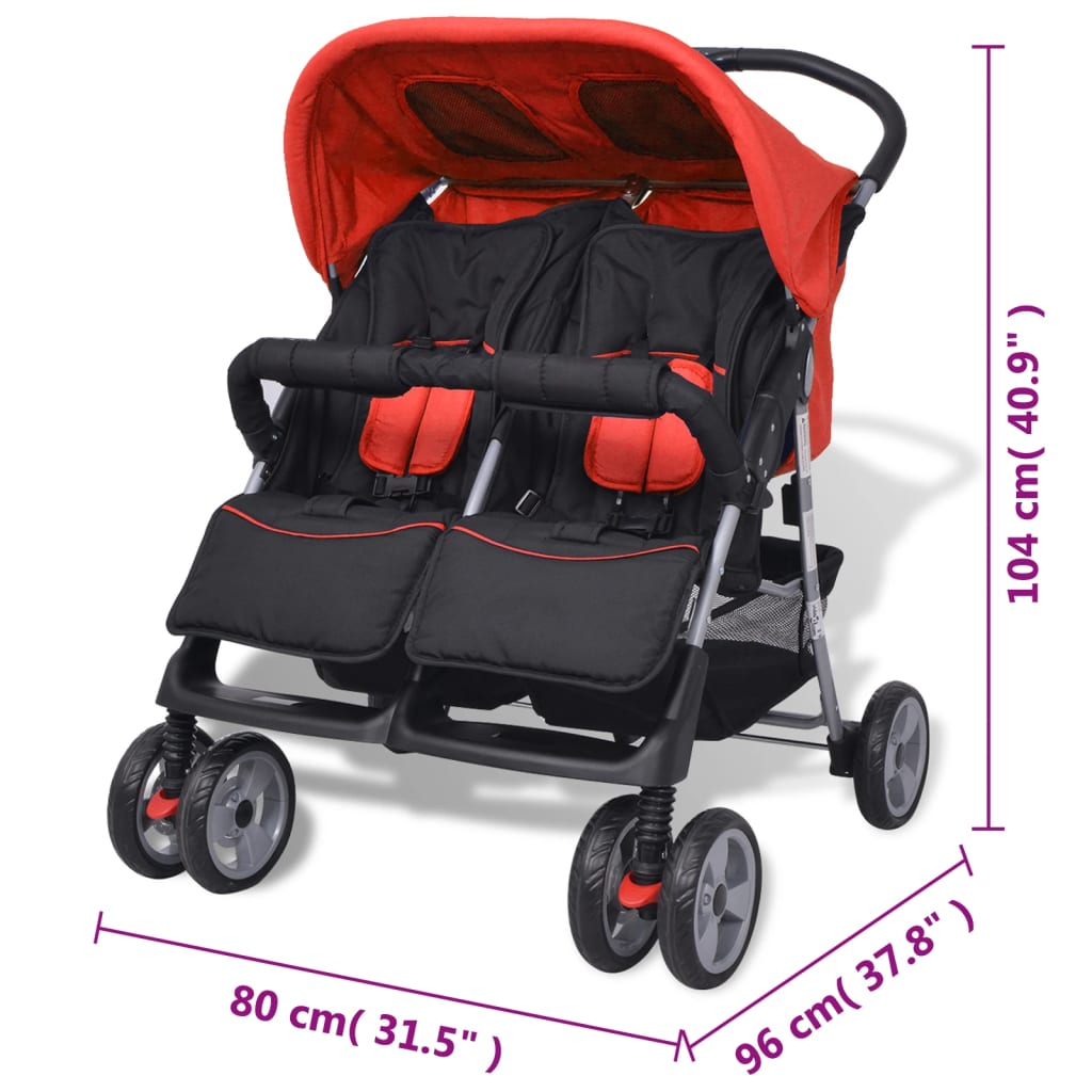 vidaXL Бебешка количка за близнаци, стомана, червено и черно