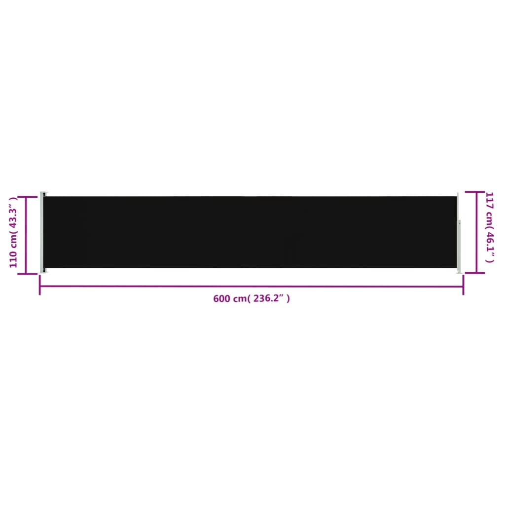 vidaXL Прибираща дворна се странична тента, 117x600 см, черна