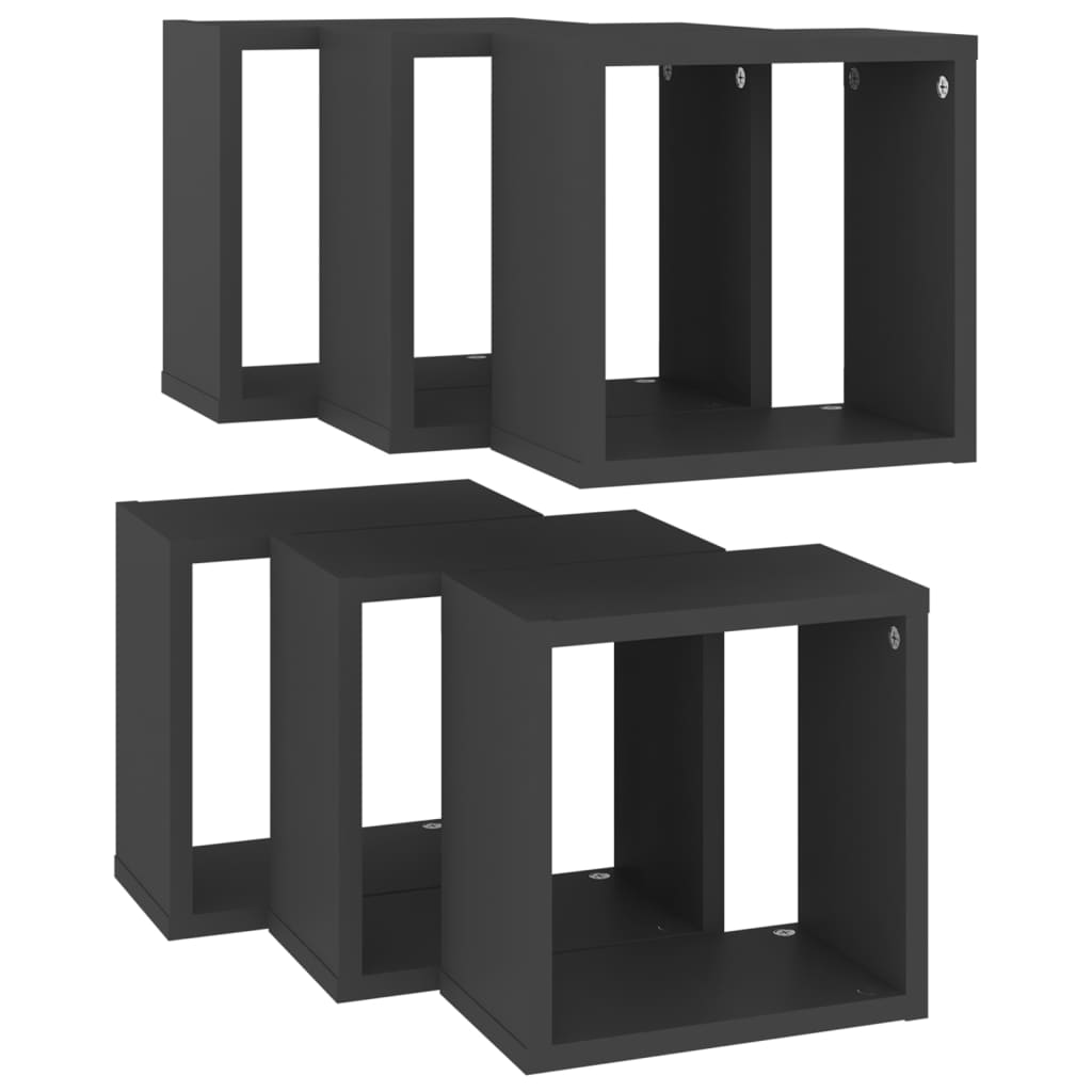 vidaXL Стенни кубични рафтове, 6 бр, сиви, 26x15x26 см
