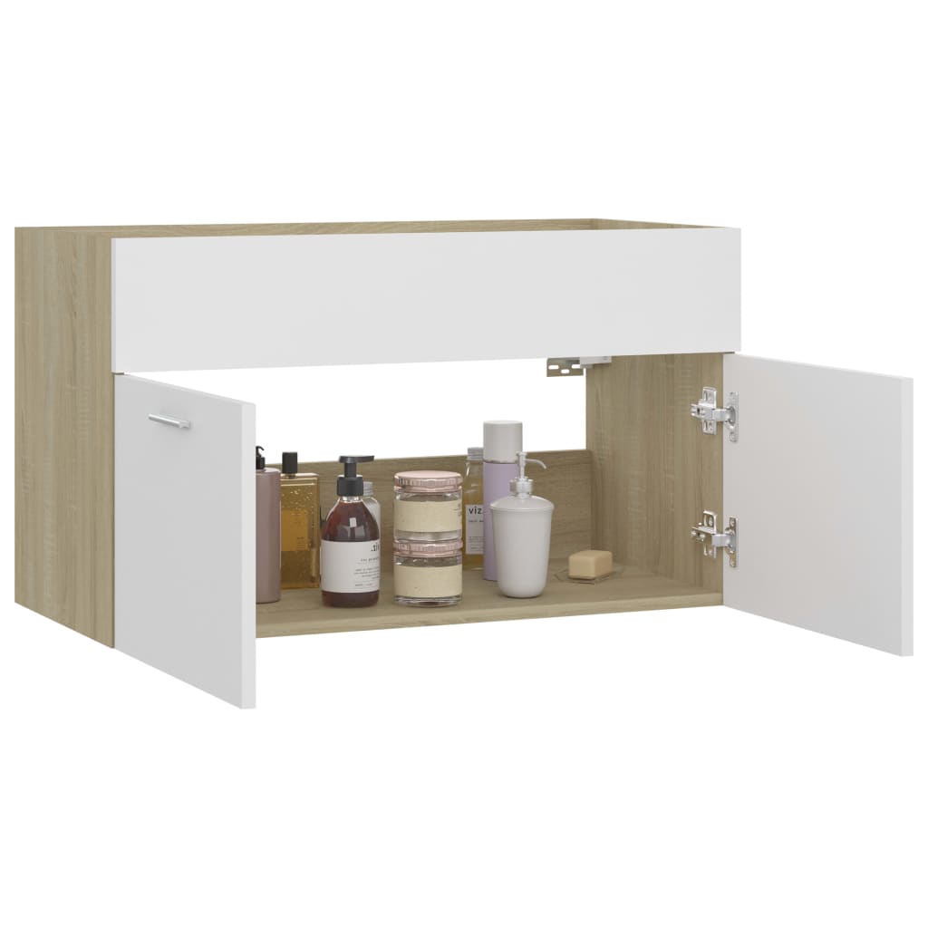 vidaXL Долен шкаф за мивка, бяло и дъб сонома, 80x38,5x46 см, ПДЧ