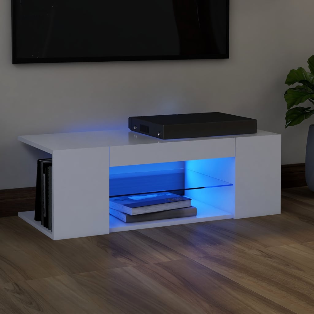 vidaXL ТВ шкаф с LED осветление, бял, 90x39x30 см