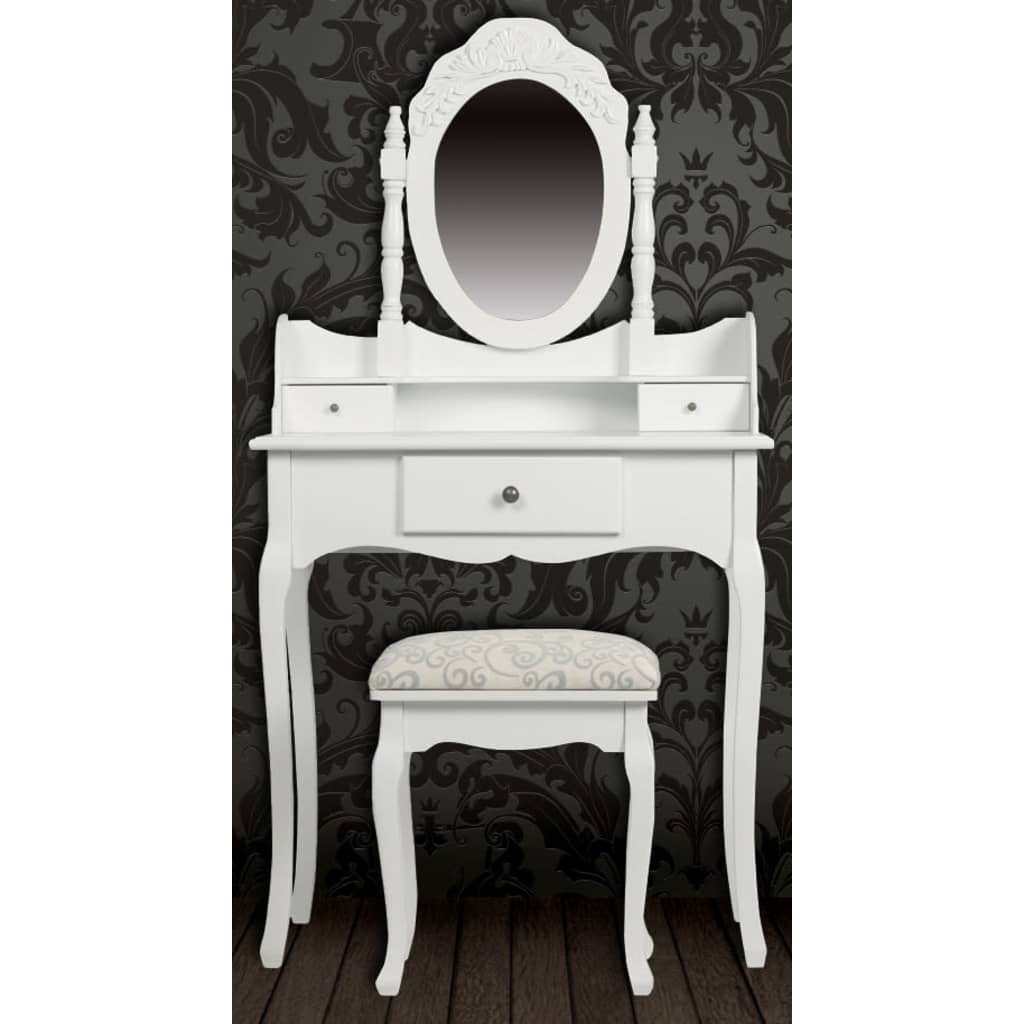 vidaXL Тоалетка с огледало и табуретка, бяла
