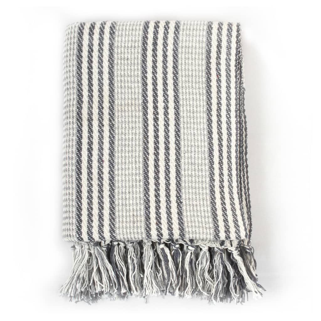 vidaXL Декоративно одеяло, памук, ивици, 220x250 см, сиво и бяло