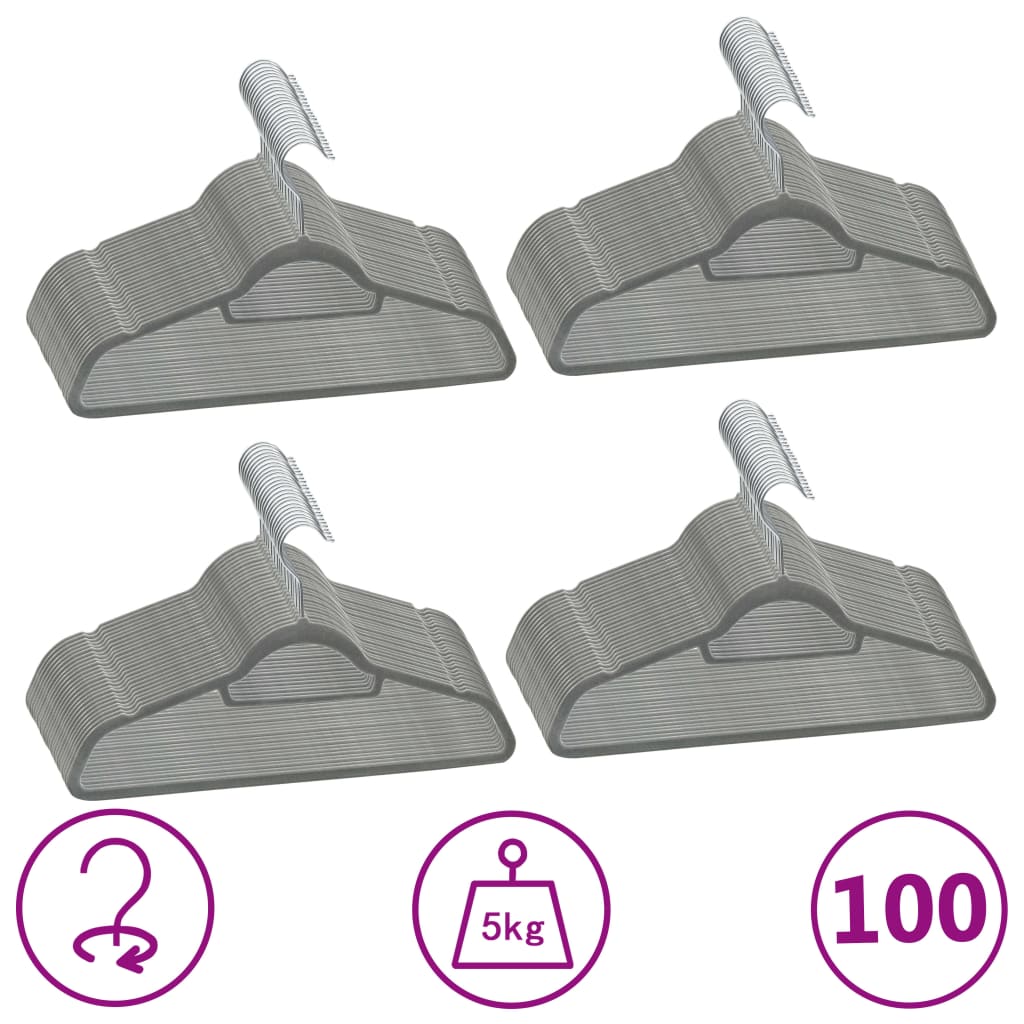 vidaXL 100 бр Комплект закачалки за дрехи антиплъзгащи сиво кадифе