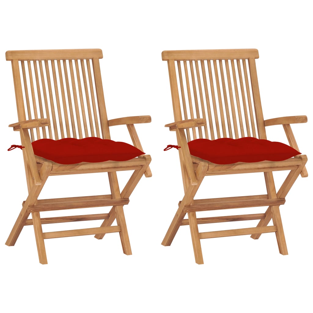 vidaXL Градински столове с червени възглавници 2 бр тиково дърво масив