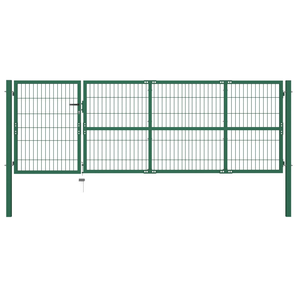 vidaXL Градинска оградна порта със стълбове 350x100 см стомана зелена