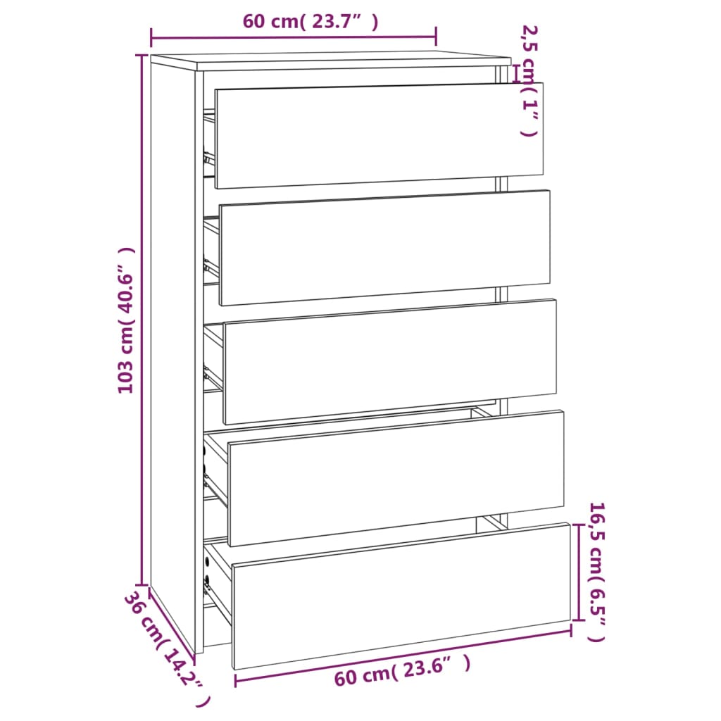 vidaXL Шкаф с чекмеджета, кафяв дъб, 60x36x103 см, инженерно дърво