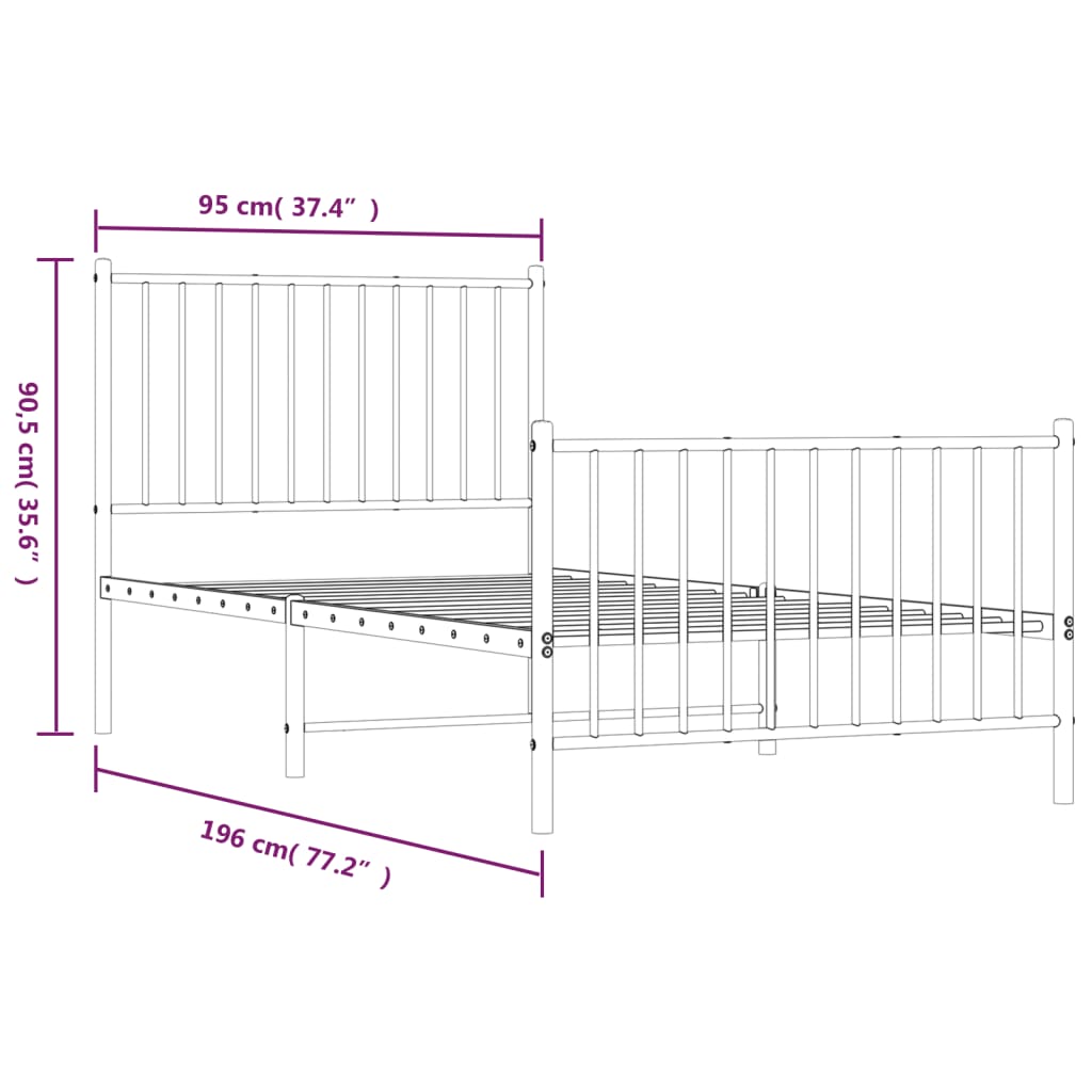vidaXL Метална рамка за легло с горна и долна табла, черна, 90x190 см